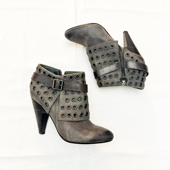 ASH Iona Cone Round Toe Leather Eyelet Accent Gray Brown Bootie Size 38 - Picture 4 of 7